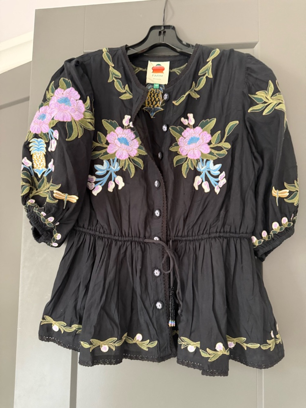 Black Embroidered Floral Peasant Top - Black with Pink & Green Accents